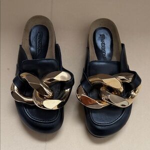 JW Anderson Black Mules with Gold Chain Detail